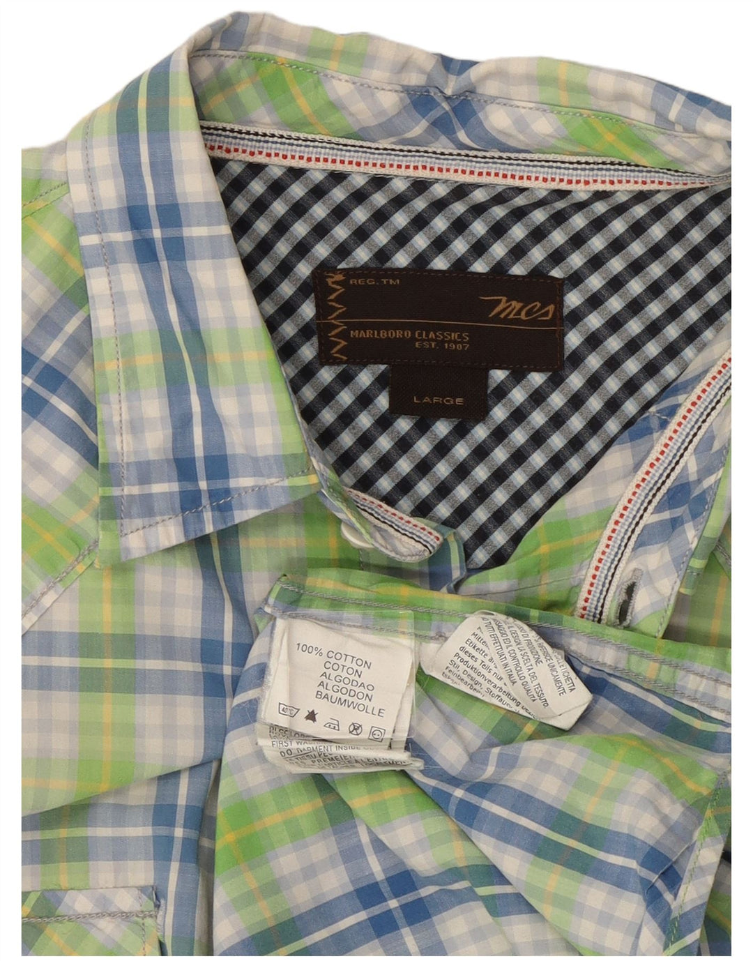 Marlboro Classics Mens Short Sleeve Shirt Large Green Plaid Cotton