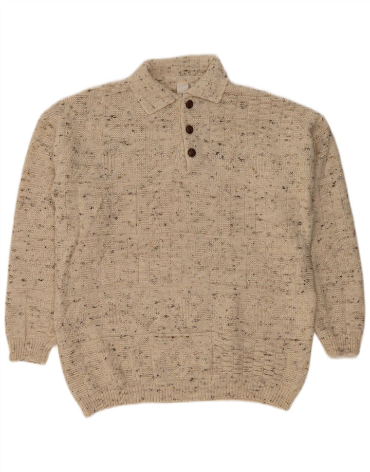 VINTAGE Mens Polo Neck Jumper Sweater Large Beige Flecked