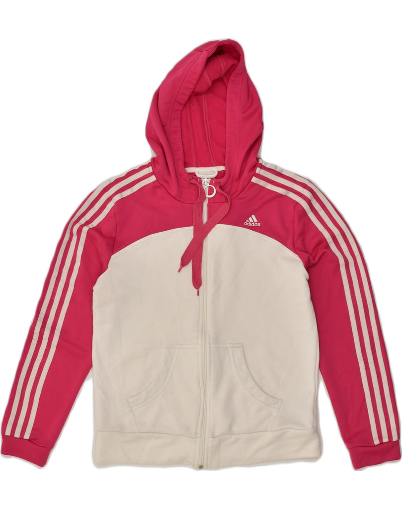 ADIDAS Womens Zip Hoodie Sweater UK 16 Large Pink Colourblock Polyester | Vintage Adidas | Thrift | Second-Hand Adidas | Used Clothing | Messina Hembry 