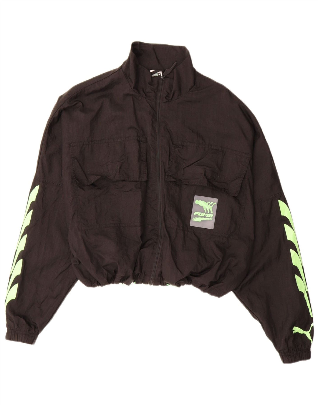 PUMA Womens Crop Graphic Tracksuit Top Jacket UK 14 Medium Black Nylon