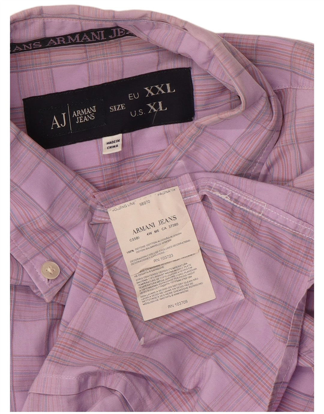 Armani Jeans Mens Graphic Short Sleeve Shirt XL Purple Check Cotton