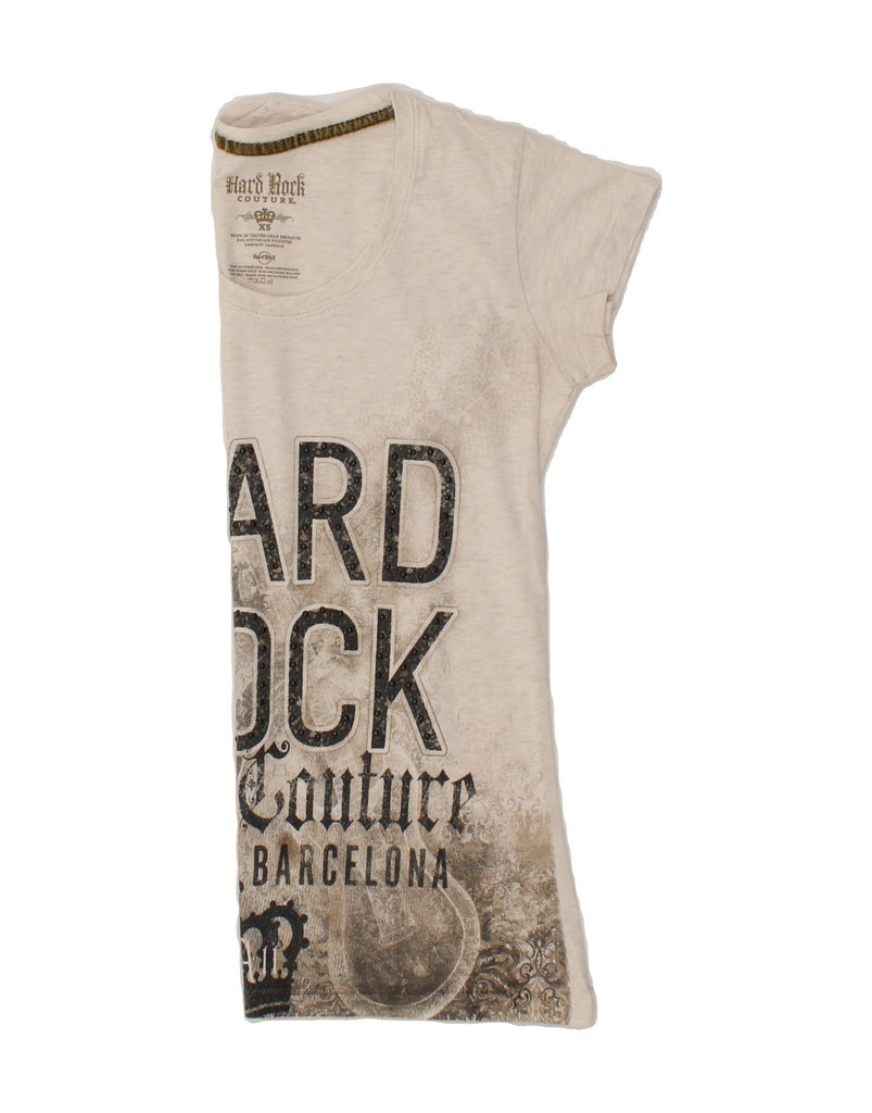 HARD ROCK COUTURE Womens Barcelona Graphic T-Shirt Top UK 6 XS Beige | Vintage Hard Rock Couture | Thrift | Second-Hand Hard Rock Couture | Used Clothing | Messina Hembry 