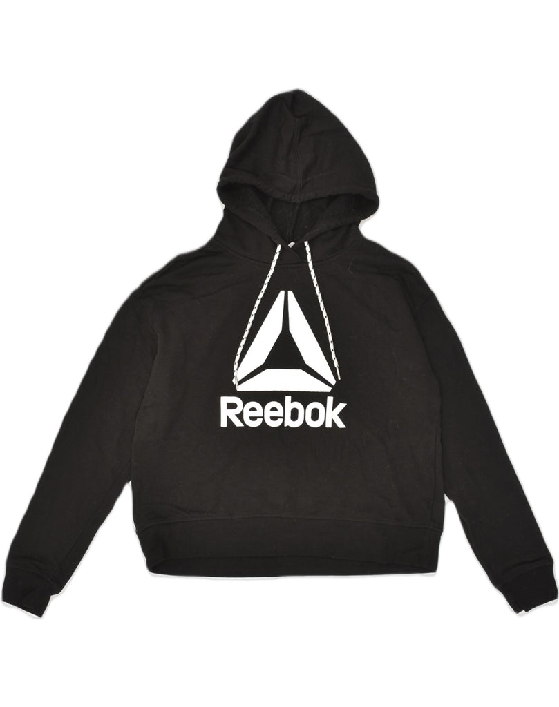 REEBOK Womens Graphic Hoodie Jumper UK 10 Small Black Cotton | Vintage Reebok | Thrift | Second-Hand Reebok | Used Clothing | Messina Hembry 