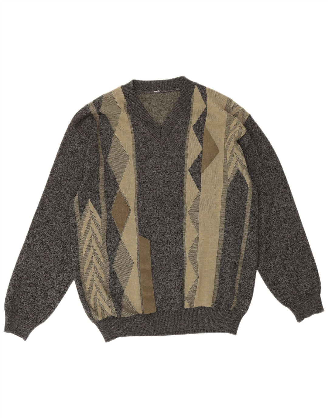 Vintage Mens V-Neck Jumper Sweater Medium Grey Geometric Merino Wool