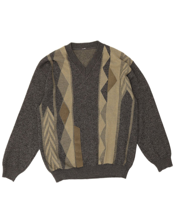Vintage Mens V-Neck Jumper Sweater Medium Grey Geometric Merino Wool