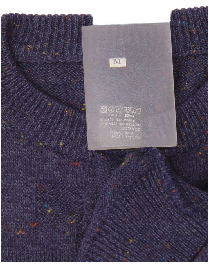 Vintage Mens Crew Neck Jumper Sweater Medium Navy Blue Geometric Wool