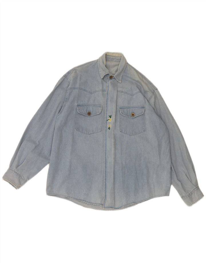 Vintage Mens Denim Shirt Large Blue Floral Cotton