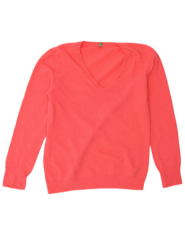 Benetton Womens V-Neck Jumper Sweater UK 12 Medium Pink