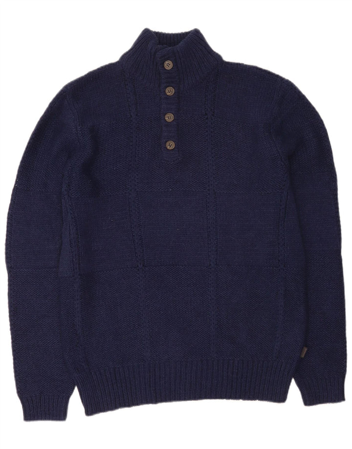 HUGO BOSS Mens Regular Fit Button Neck Jumper Sweater Large Navy Blue