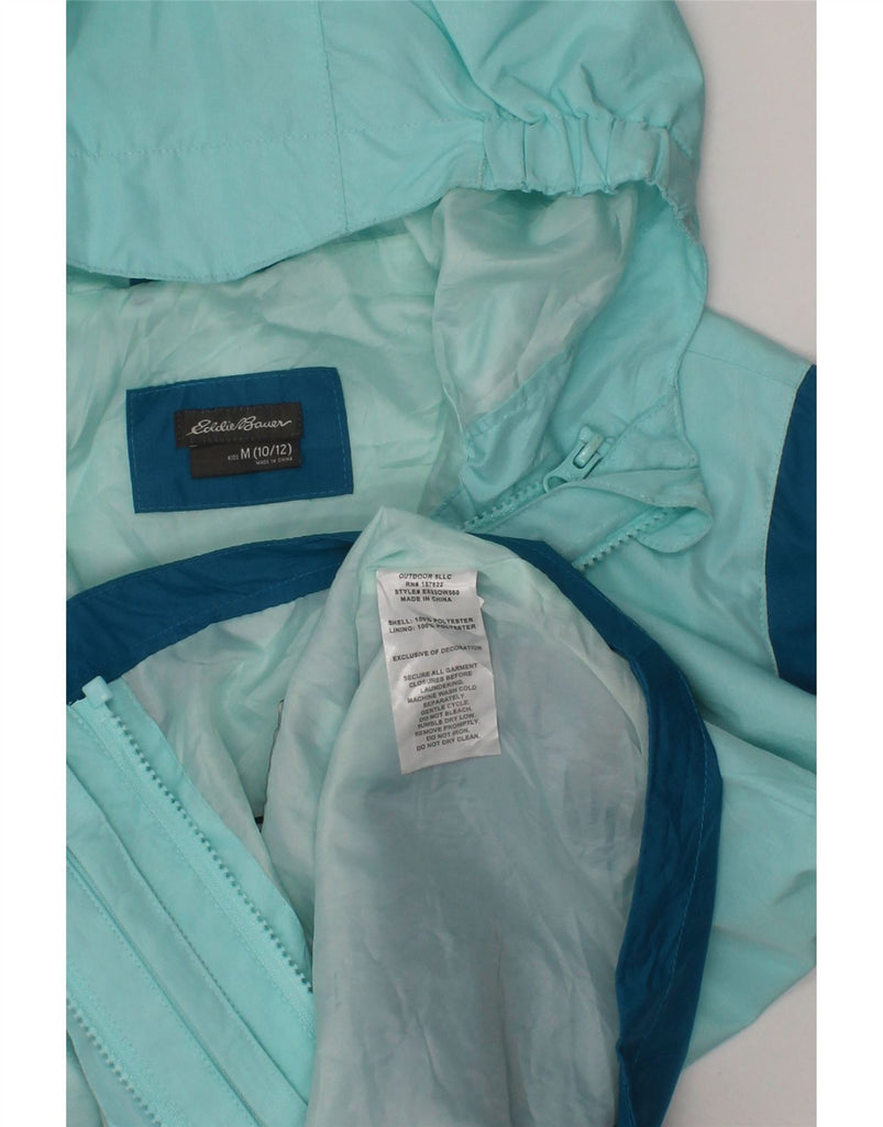 EDDIE BAUER Girls Hooded Rain Jacket 10-11 Years Medium Blue Colourblock Vintage Eddie Bauer and Second-Hand Eddie Bauer from Messina Hembry 