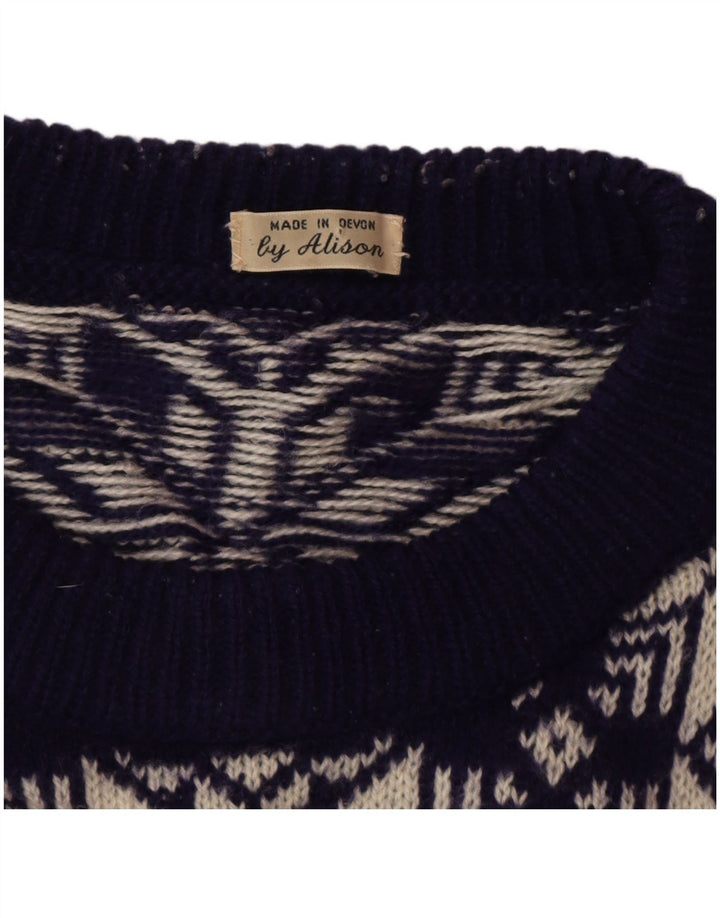 Vintage Mens Crew Neck Jumper Sweater Medium Navy Blue Fair Isle