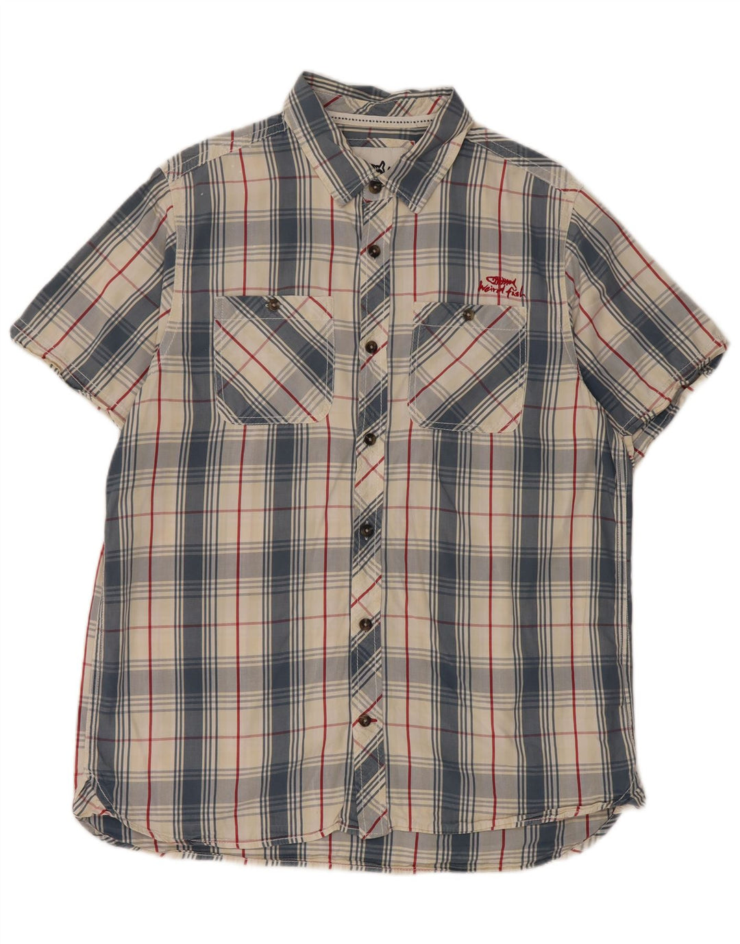 Weird Fish Mens Short Sleeve Shirt Large Blue Check Cotton