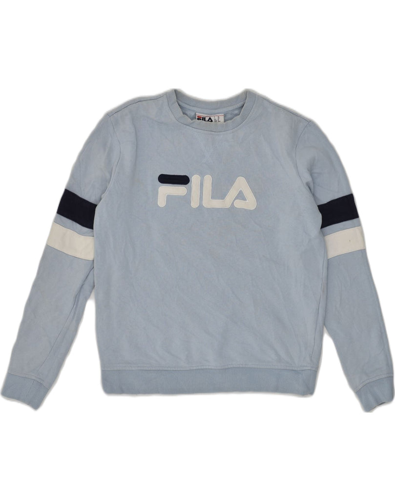 FILA Womens Graphic Sweatshirt Jumper UK 14 Medium Blue Cotton | Vintage Fila | Thrift | Second-Hand Fila | Used Clothing | Messina Hembry 