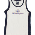 CHAMPION Boys Graphic Vest Top 7-8 Years Small White Colourblock Cotton | Vintage Champion | Thrift | Second-Hand Champion | Used Clothing | Messina Hembry 