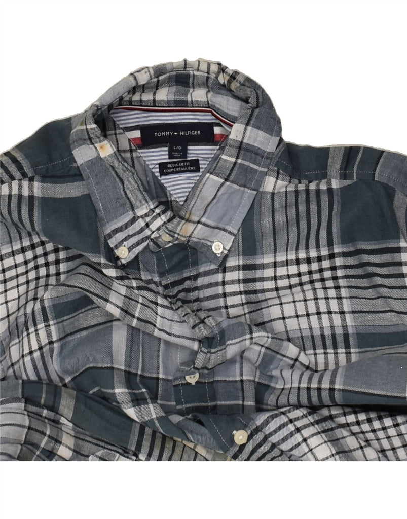 TOMMY HILFIGER Mens Regular Fit Shirt Large Grey Check Linen | Vintage Tommy Hilfiger | Thrift | Second-Hand Tommy Hilfiger | Used Clothing | Messina Hembry 