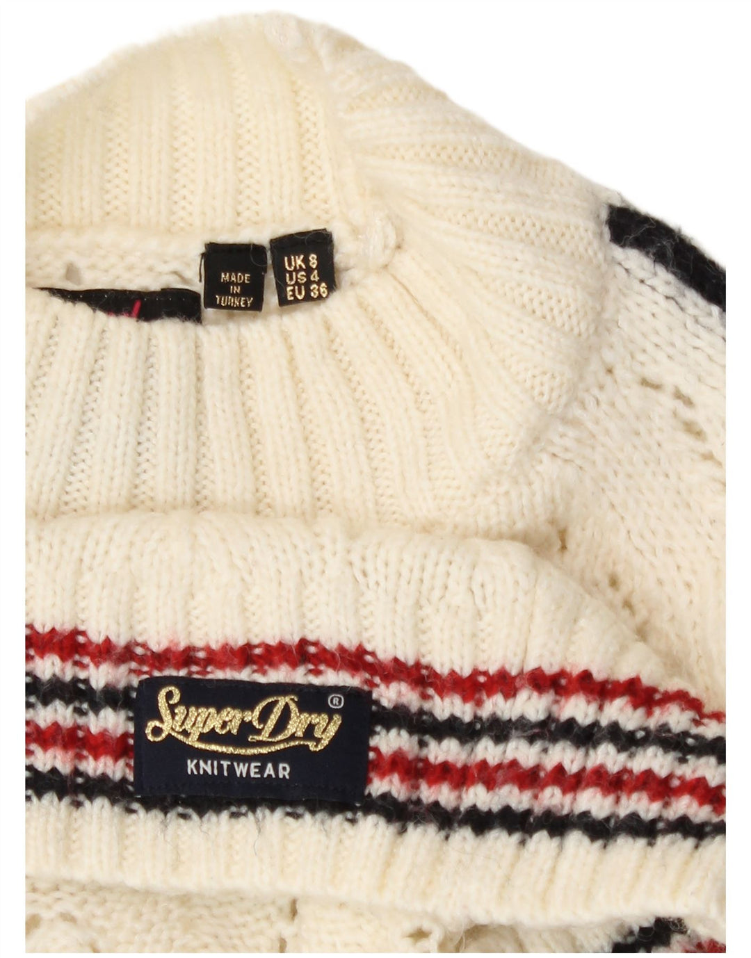 Superdry Womens Turtle Neck Jumper Sweater UK 8 Small Off White Striped