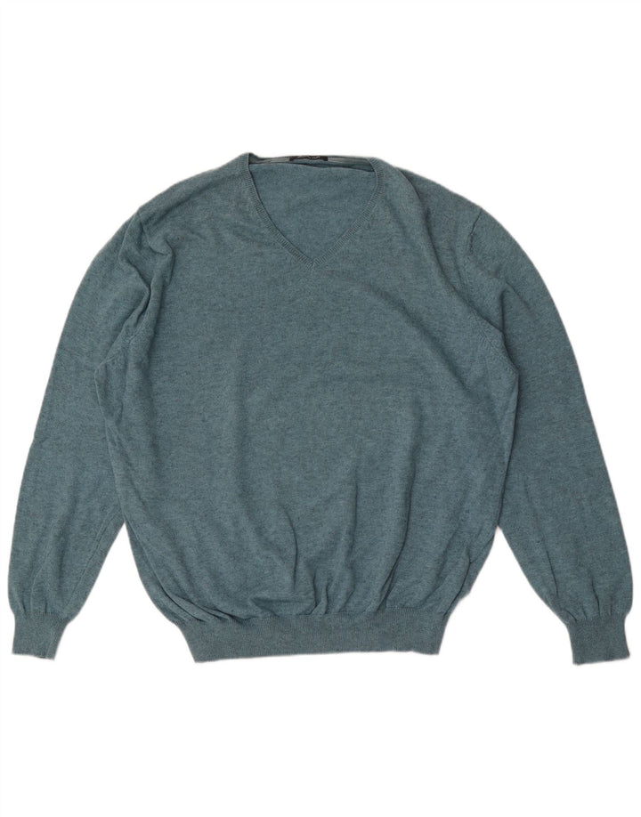 Massimo Dutti Mens V-Neck Jumper Sweater Large Blue Cotton