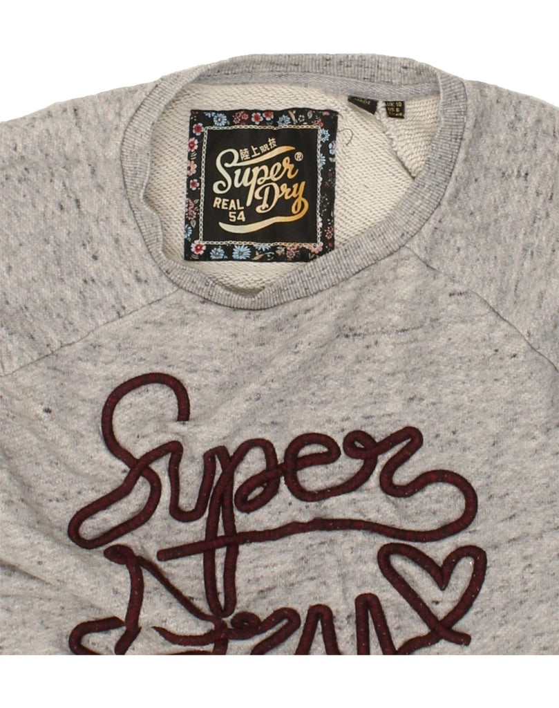 SUPERDRY Womens Graphic Sweatshirt Jumper UK 10 Small Grey Flecked Cotton Vintage Superdry and Second-Hand Superdry from Messina Hembry 