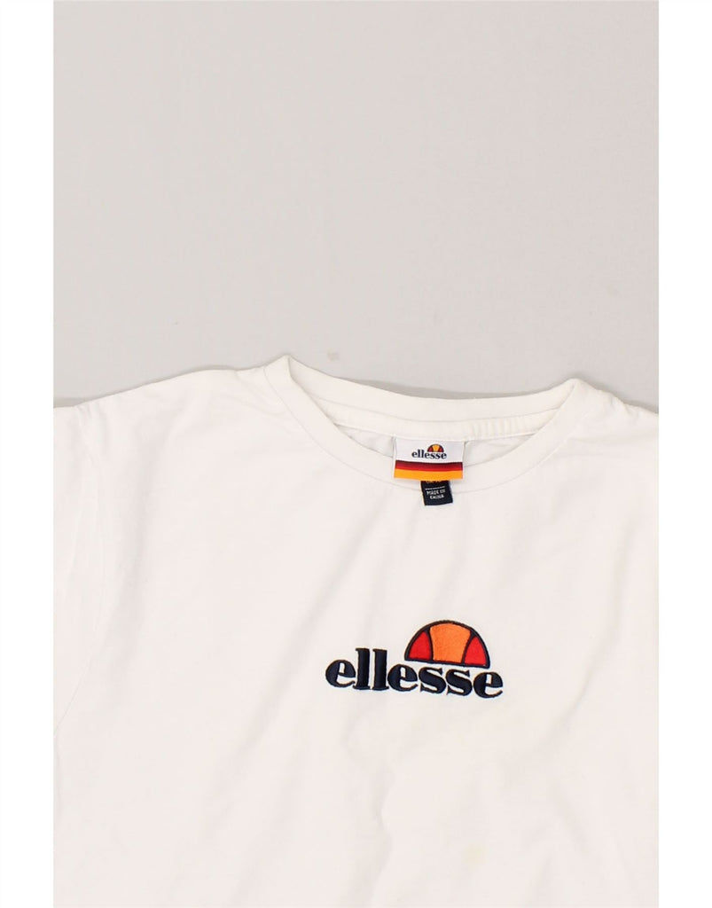 ELLESSE Womens Crop Graphic T-Shirt Top UK 10 Small White Cotton | Vintage Ellesse | Thrift | Second-Hand Ellesse | Used Clothing | Messina Hembry 