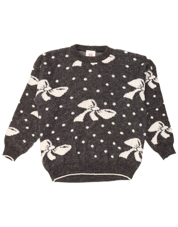 VINTAGE Womens Crew Neck Jumper Sweater UK 16 Large Grey Spotted Acrylic