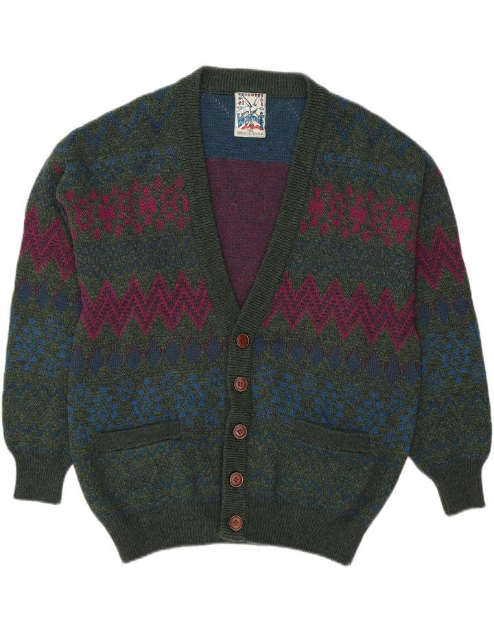 WEST POINT Mens Cardigan Sweater XL Green Geometric Vintage West Point and Second-Hand West Point from Messina Hembry 