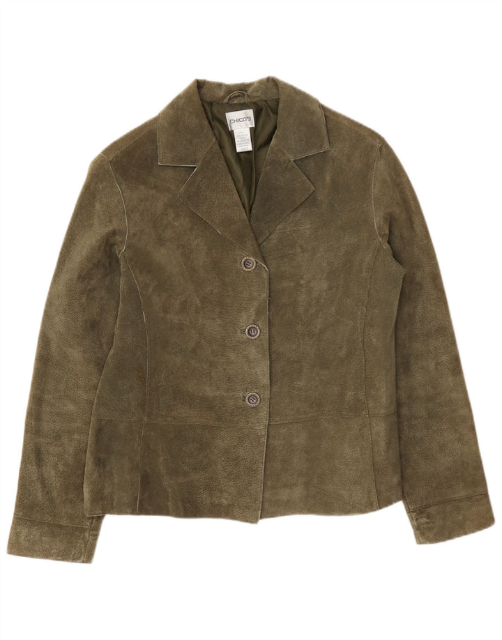 Chico's Womens Oversized 3 Button Suede Blazer Jacket US 0 XS Khaki Leather