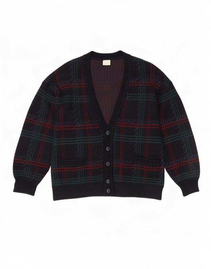 Vintage Mens Cardigan Sweater Large Navy Blue Check