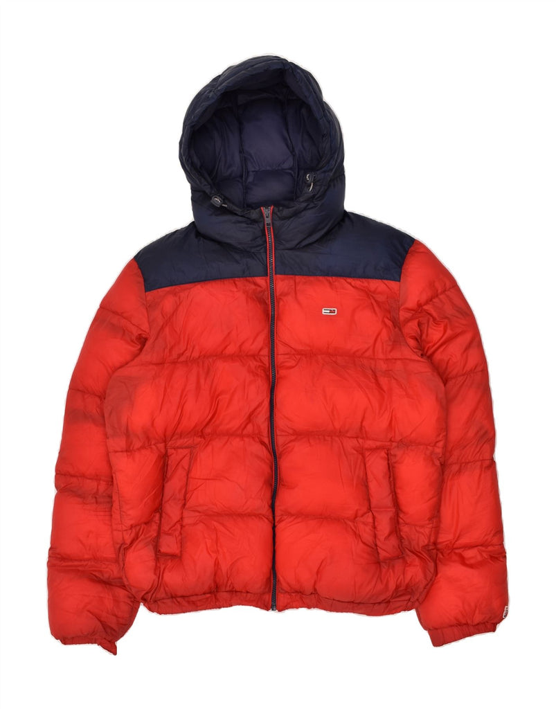 TOMMY HILFIGER Womens Hooded Padded Jacket UK 14 Medium Red Colourblock | Vintage Tommy Hilfiger | Thrift | Second-Hand Tommy Hilfiger | Used Clothing | Messina Hembry 