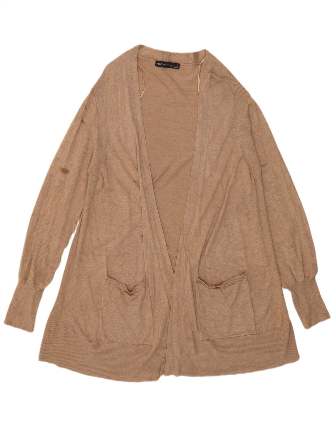 Marks & Spencer Womens Longline Open Cardigan Sweater UK 16 Large Beige