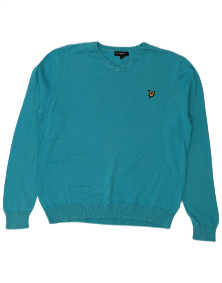 Lyle & Scott Mens V-Neck Jumper Sweater XL Blue Cotton