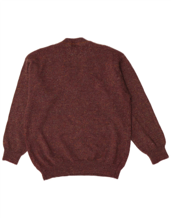 Vintage Mens V-Neck Jumper Sweater Medium Burgundy Argyle/Diamond