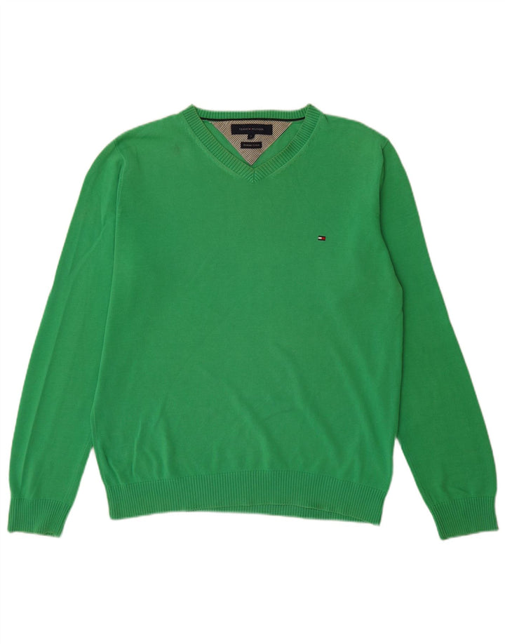 Tommy Hilfiger Mens V-Neck Jumper Sweater Small Green Cotton