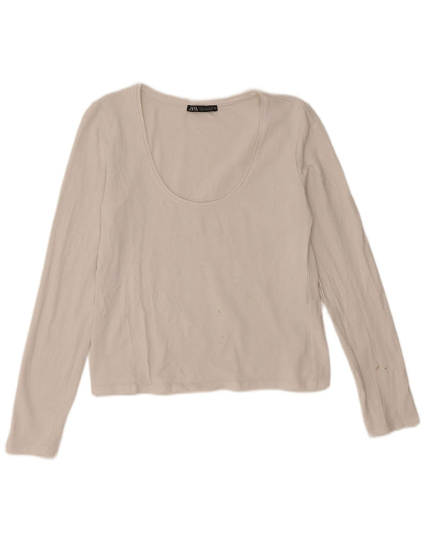 Zara Womens Crop Top Long Sleeve UK 12 Medium White Cotton
