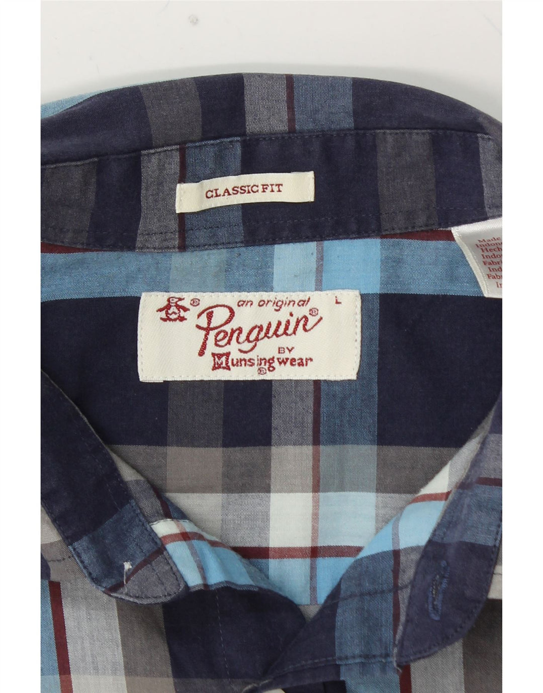 PENGUIN Mens Classic Fit Shirt Large Navy Blue Check Cotton