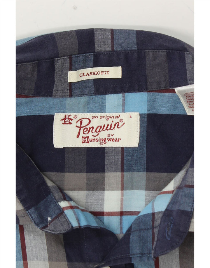 PENGUIN Mens Classic Fit Shirt Large Navy Blue Check Cotton