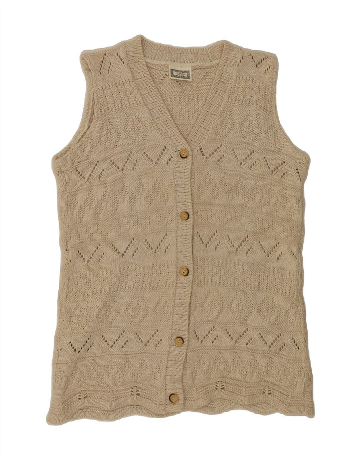 VINTAGE Womens Sleeveless Cardigan Sweater UK 12 Medium Beige Vintage Vintage and Second-Hand Vintage from Messina Hembry 
