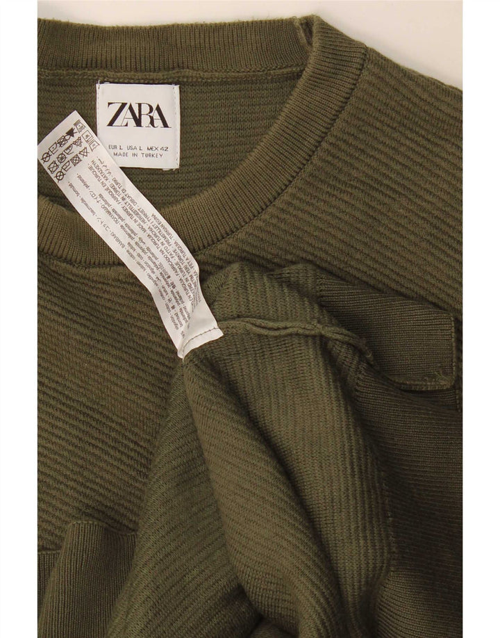 Zara Mens Crew Neck Jumper Sweater Large Khaki Cotton