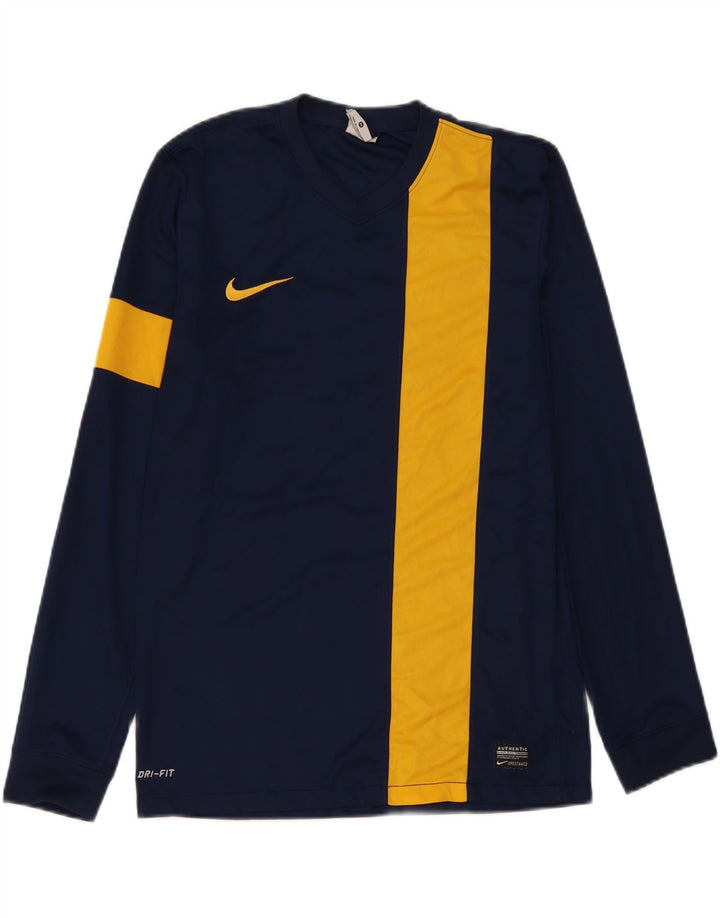 NIKE Mens Dri Fit Graphic Top Long Sleeve Medium Navy Blue Colourblock