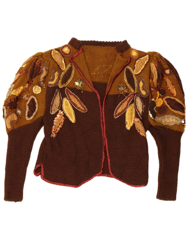 Vintage Womens Crop 3/4 Sleeve Cardigan Sweater UK 14 Medium Brown Floral