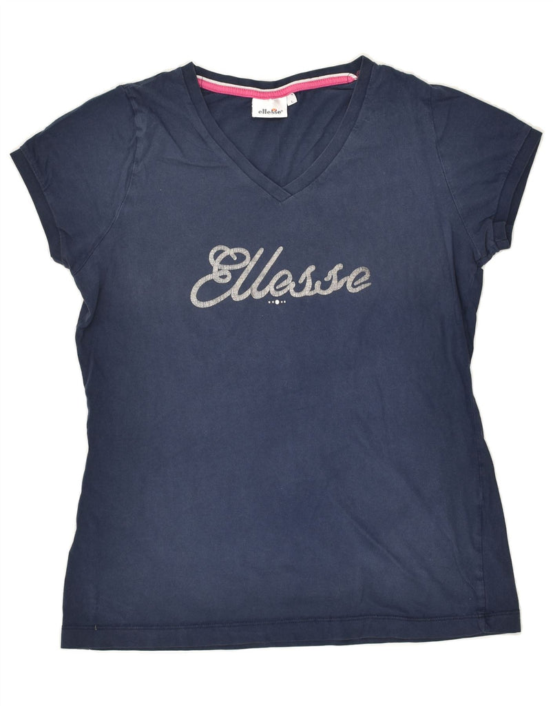 ELLESSE Womens Graphic T-Shirt Top UK 14 Large Navy Blue Cotton | Vintage Ellesse | Thrift | Second-Hand Ellesse | Used Clothing | Messina Hembry 