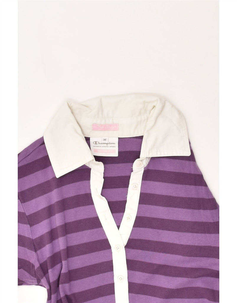 CHAMPION Womens Polo Shirt UK 12 Medium Purple Striped Cotton | Vintage Champion | Thrift | Second-Hand Champion | Used Clothing | Messina Hembry 