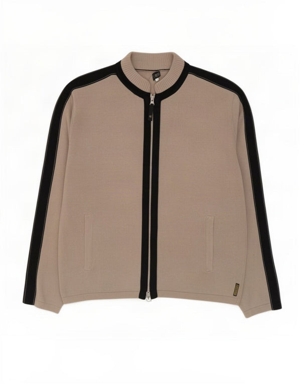 Armani Jeans Mens Cardigan Sweater Large Beige Colourblock Cotton