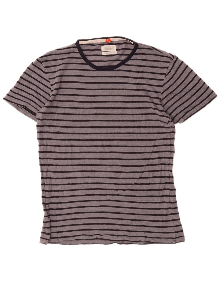 Zara Mens T-Shirt Top Medium Grey Striped Linen