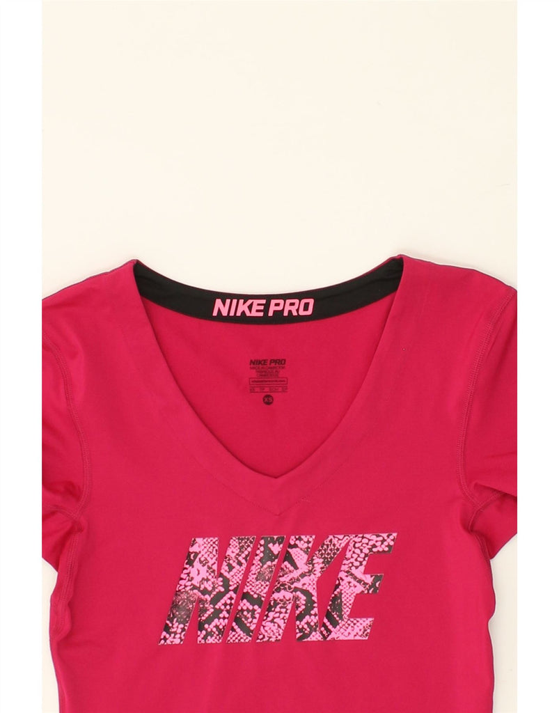 NIKE Womens Graphic T-Shirt Top UK 4 XS Pink Polyester | Vintage Nike | Thrift | Second-Hand Nike | Used Clothing | Messina Hembry 