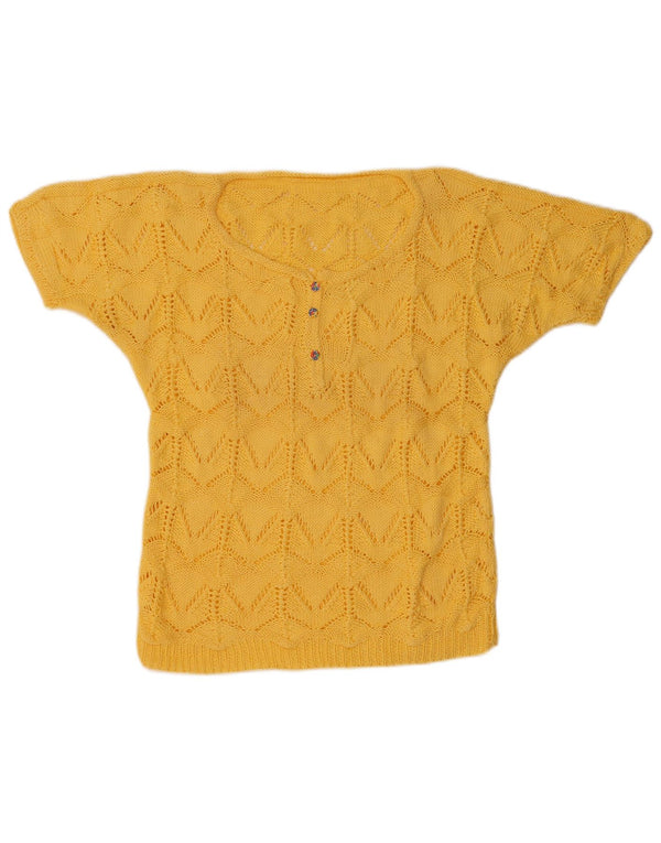 Vintage Womens Short Sleeve Button Neck Jumper Sweater UK 14 Medium Yellow