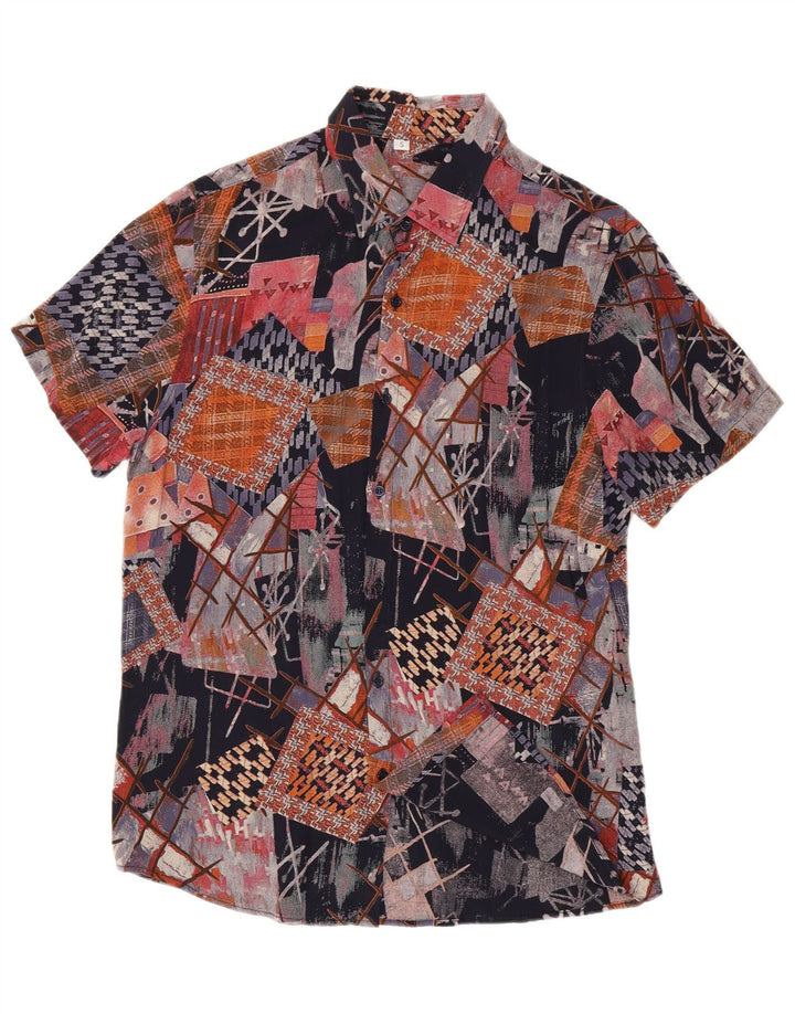 Vintage Mens Short Sleeve Shirt Small Multicoloured Geometric Viscose