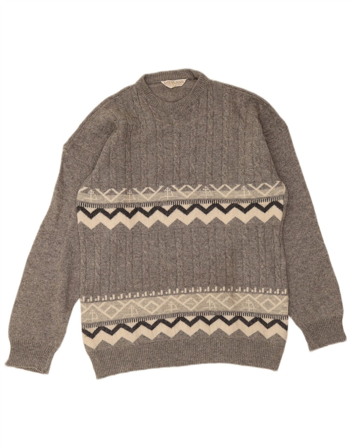 Vintage Mens Crew Neck Jumper Sweater Medium Grey Geometric Wool