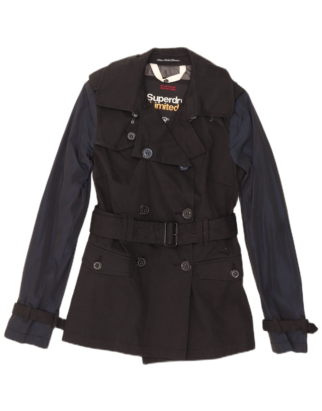 Superdry Womens Trench Coat UK 10 Small Black Colourblock Cotton