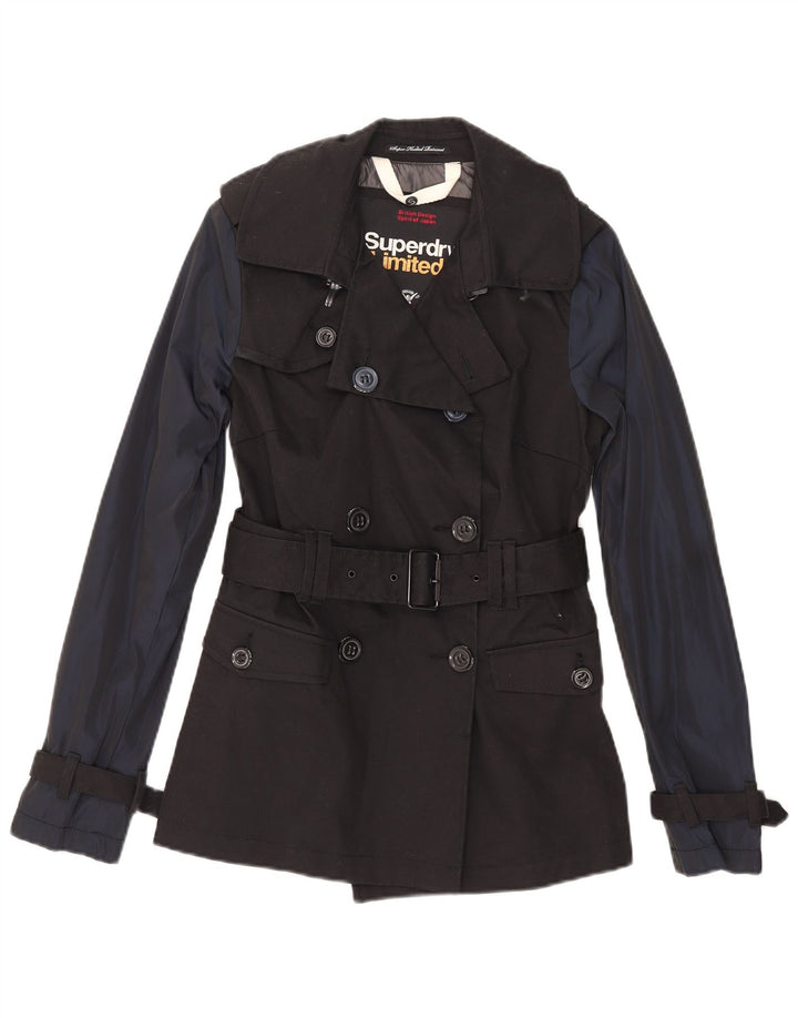 Superdry Womens Trench Coat UK 10 Small Black Colourblock Cotton