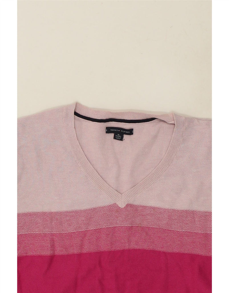 TOMMY HILFIGER Womens V-Neck Jumper Sweater UK 18 XL Pink Colourblock | Vintage Tommy Hilfiger | Thrift | Second-Hand Tommy Hilfiger | Used Clothing | Messina Hembry 